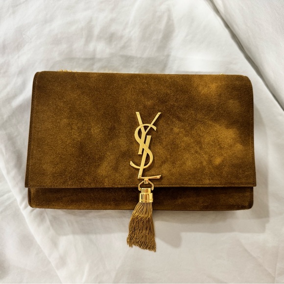 Yves Saint Laurent Kate Cognac Suede Clutch with Gold Accent - Picture 1 of 6